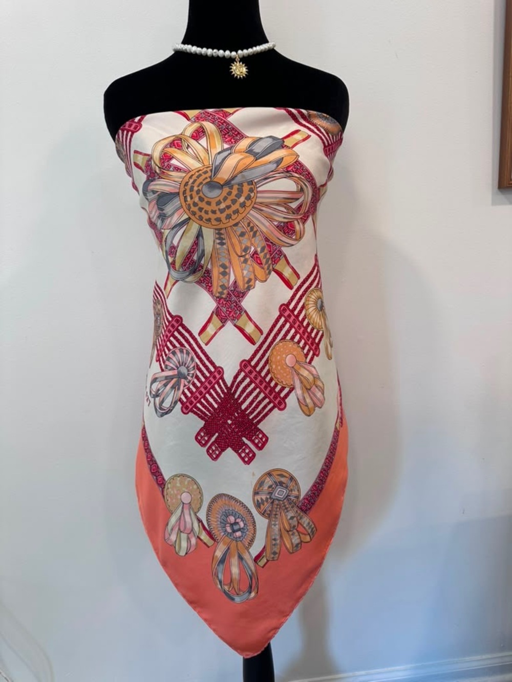 Hermes Coral, Cream & Red Ribbon Motif Silk Scarf - Picture 5 of 14